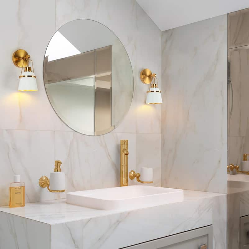 Mid-century Modern Glam White 1-Light Brass Gold Bathroom Vanity Lights with Cone Metal Shade - L 4.7"* D 5.7"* H 11"