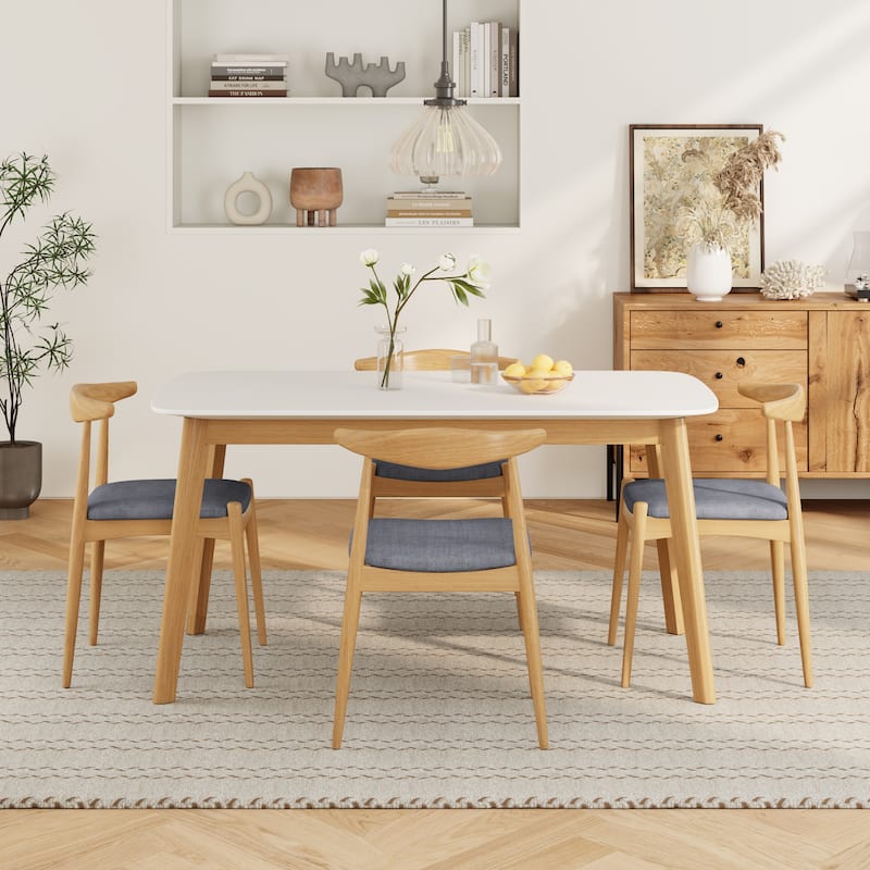 5-Piece Mid-Century Modern Dining Set-Solid Wood Frame Table + 4 Beige Upholstered Chairs