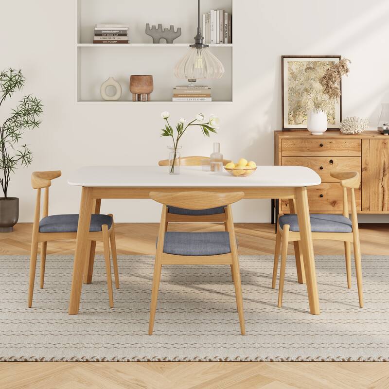 Roomfitters 5-Piece Mid-Century Modern Dining Set, White Oak Table with 4 Beige Upholstered Solid Wood Chairs