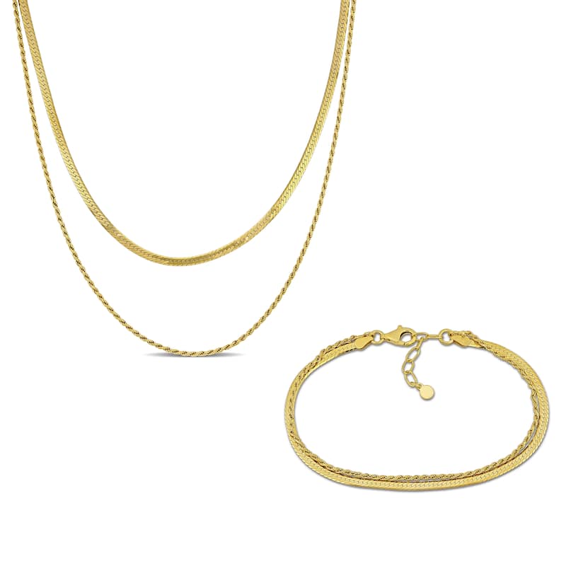 Miadora Sterling Silver Double Strand Herringbone and Rope Chain Necklace and Bracelet Set - Yellow