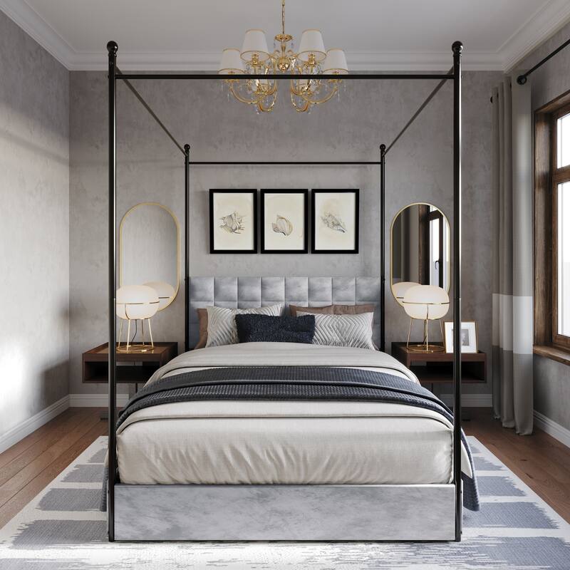 Clayfell Hobart Upholstered Metal Storage Canopy Bed - Grey - King
