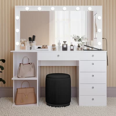 Makeup Vanity Desk w/ Free Black Storage Ottoman, 12 LED Bulbs Mirror, 6 Drawers, Glass Top, Crystal Knobs, USB, 110V Outlet