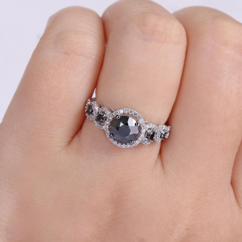 Miadora 2ct TDW Black and White Diamond Halo Engagement Ring in 10k White Gold