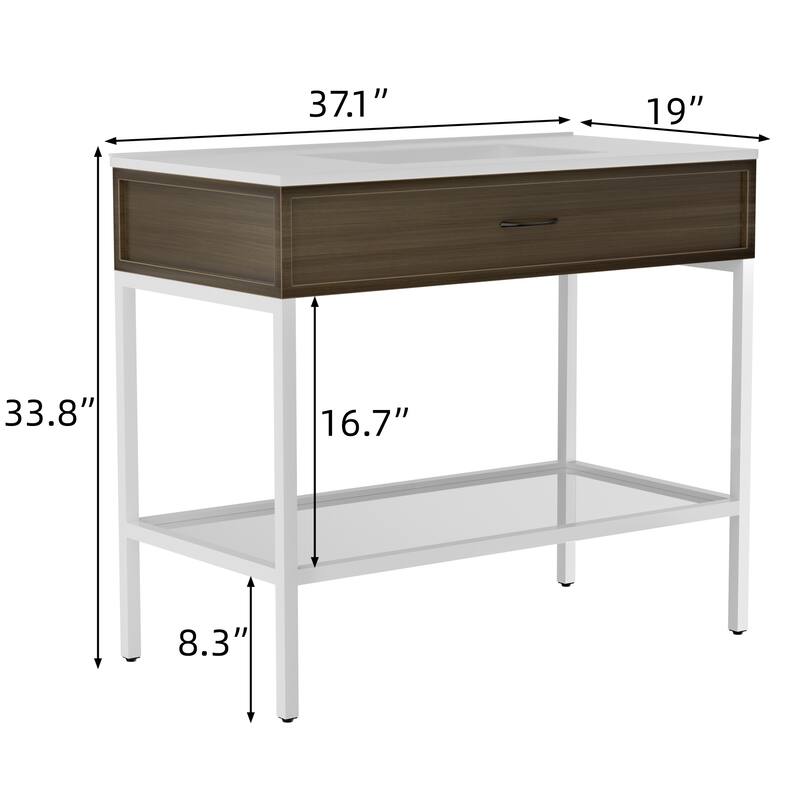 Ansel Freestanding Bathroom Vanity with Single Sink, One Glass Shelf, Metal Legs