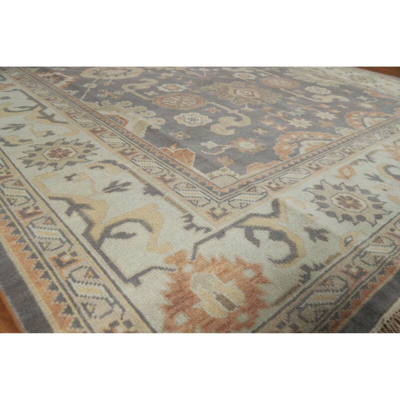Gray Oushak Area Rug Hand-Knotted Transitional Floral Wool Carpet - 8'9" x 11'8" - Grey - 8'9" x 11'8"