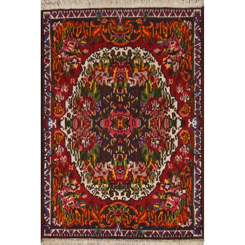 Hand Knotted Oriental 100% Wool Carpet Traditional Floral Navy Blue & Blues Bakhtiari Area Rug - 4' 11'' X 3' 8''