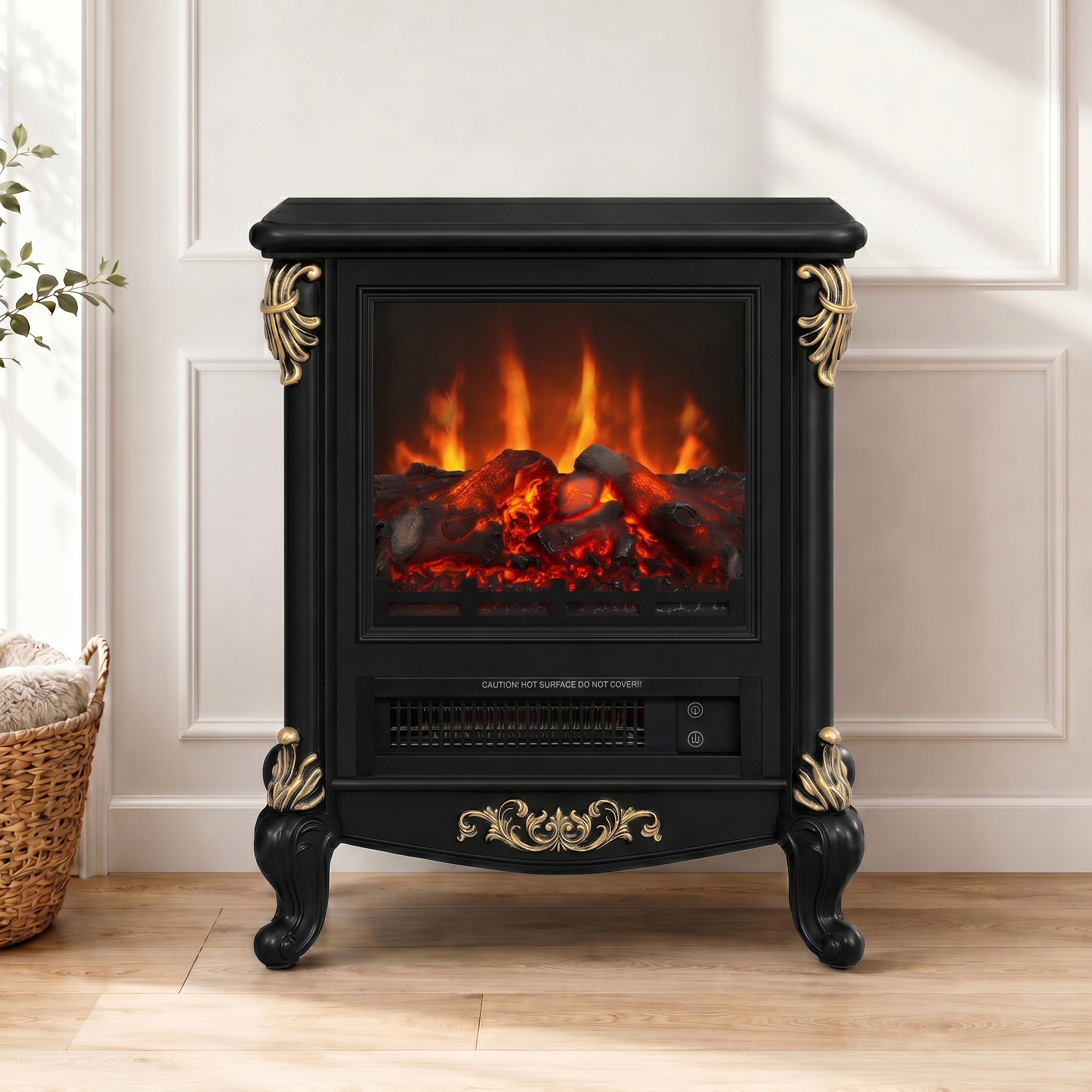 18.9" Freestanding GRC Electric Fireplace Stove Space Heater with Faux Log & Remote Control