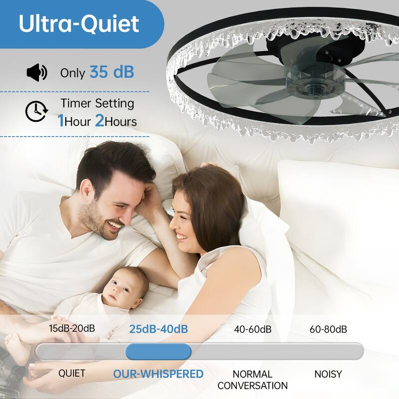LunaDrift 16"20"24" Modern Black Crystal Smart Flush Mount Ceiling Fan with Light, Dimmable Bedroom Ceiling Fan w/Remote