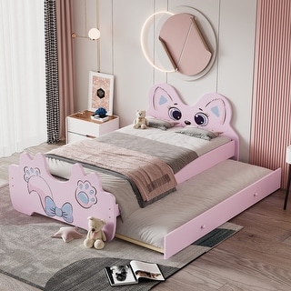 Cartoon Twin Size Platform Bed with Trundle & Cute Headboard, Wooden Bed Frame, No Box Spring Required/Easy Assembly