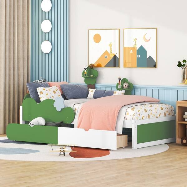 slide 2 of 50, Twin Size Bed with Cute decoration,Platform Bed with 2 Drawers Green