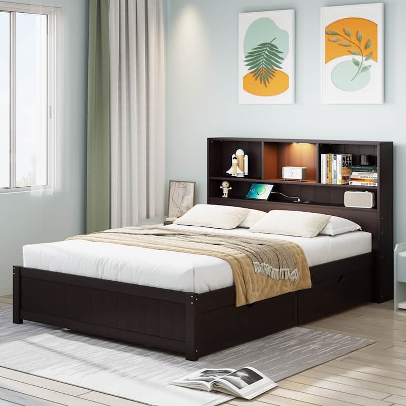 Wooden Platform Bed with Bookcase Headboard and 2 Side Drawers