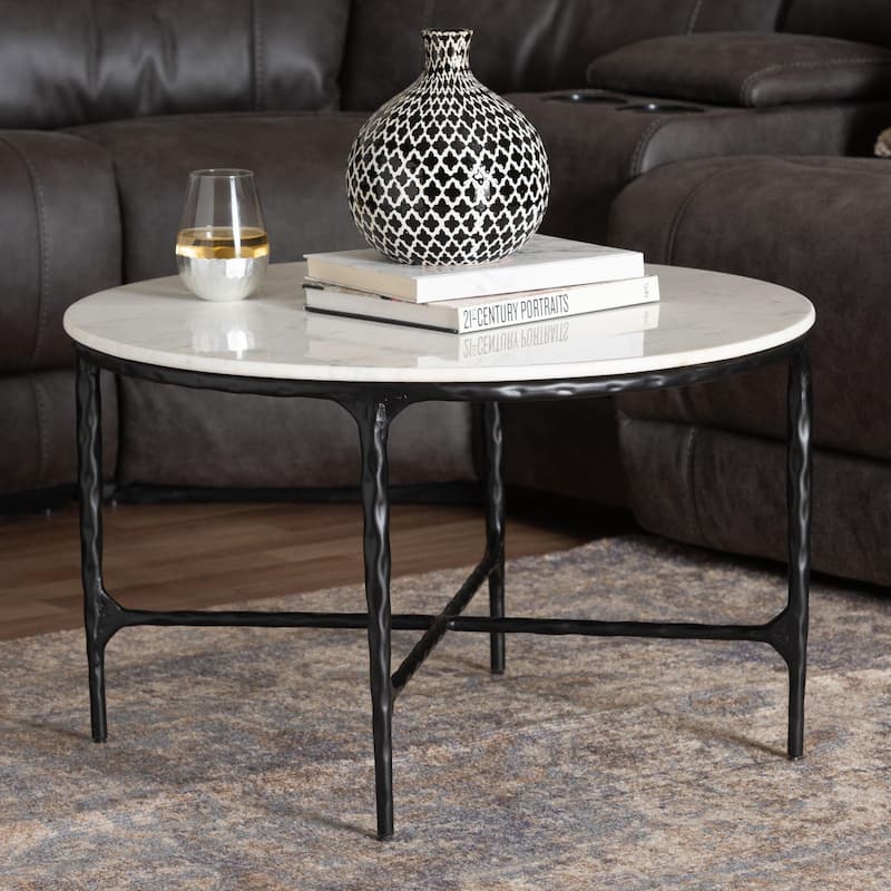 Akanji Marble Coffee Table - Modern Rustic Accent Table with Hand-Forged Metal Frame for Living Room or Seating Areas