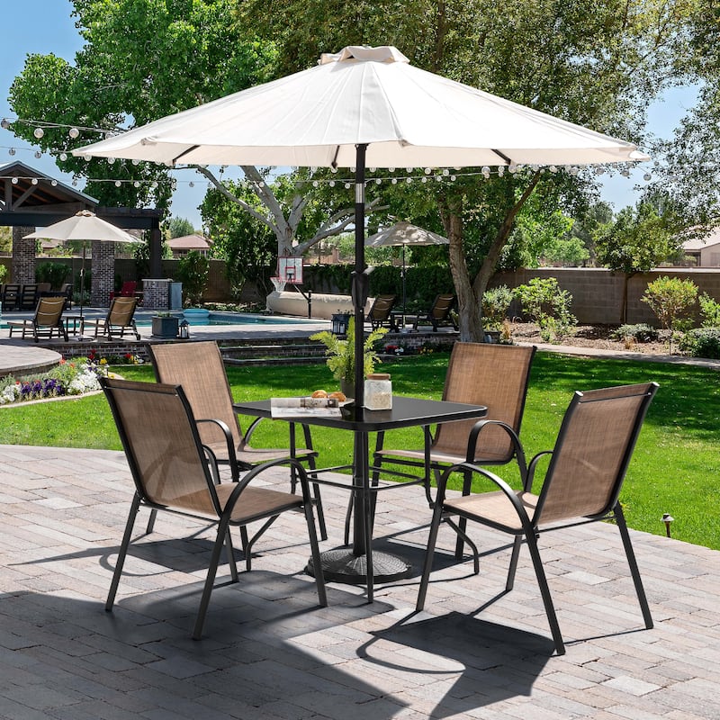 5-Piece Outdoor Dining Set, Textilene Stackable Chairs and Umbrella Hole