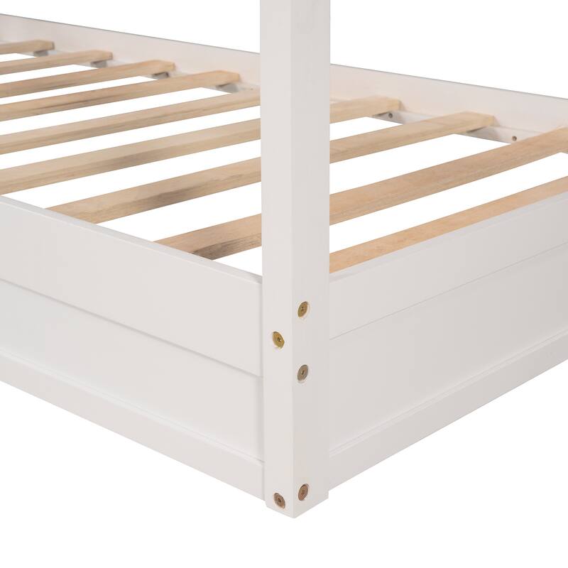 L-Shaped Twin Size Wood Platform Bed Creativity House Bed, 2 Twin Solid Bed with Fence and Slatted Frame