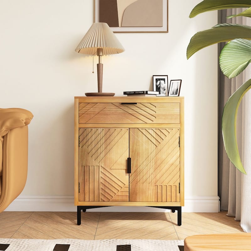 32" Tall Hand-Carved Large Storage Farmhouse Accent Cabinet - Antique brown - MDF