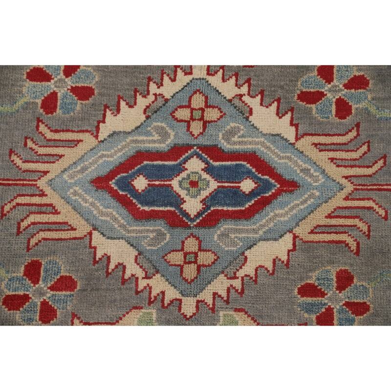 Gray Geometric Kazak Area Rug Handmade Oriental Wool Carpet - 4'11" x 7'0"