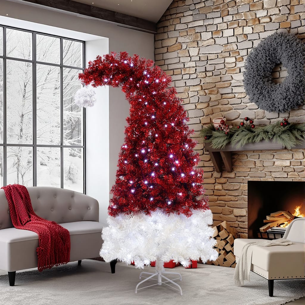 6FT Artificial Christmas Tree with LED Light, Santa's Hat Shape Artificial Whimsical Xmas Tree with 1050 Tip