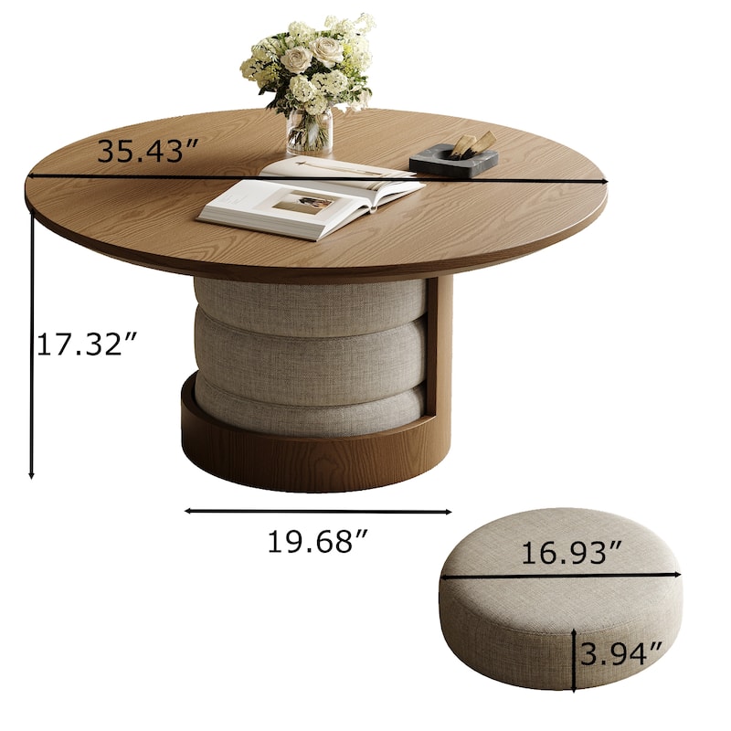 35.43" Round Coffee Table,Solid Wood Veneer with 3 Cotton Linen Cushion