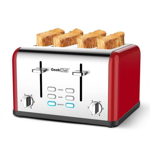 4 Extra Wide Slots Stainless Steel Toaster-Red
