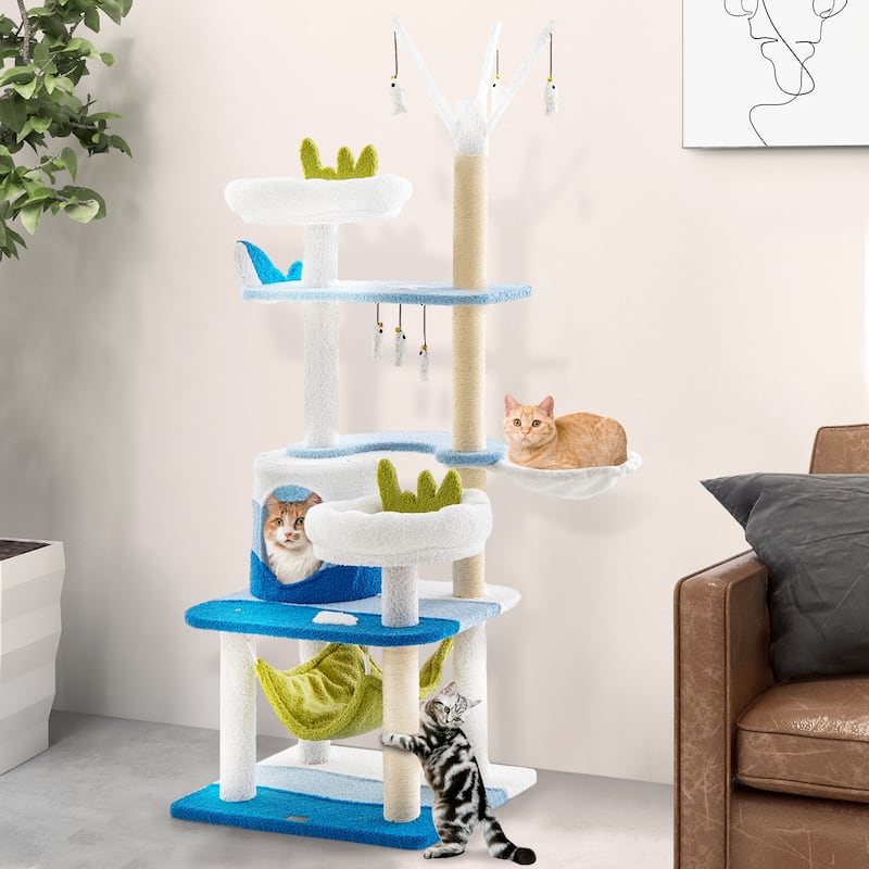 Multi-level Cat Tower with Sisal Covered Scratching Posts-Blue - 23” x 19” x 65” (L x W x H)