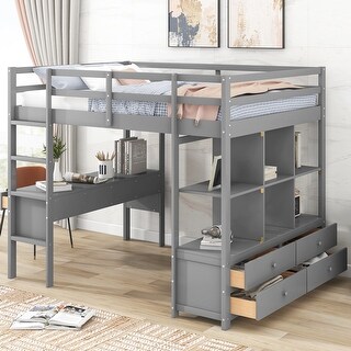 Full Loft Bed with Built-in Desk with Two Drawers, and Storage Shelves and Drawers, White/Gray