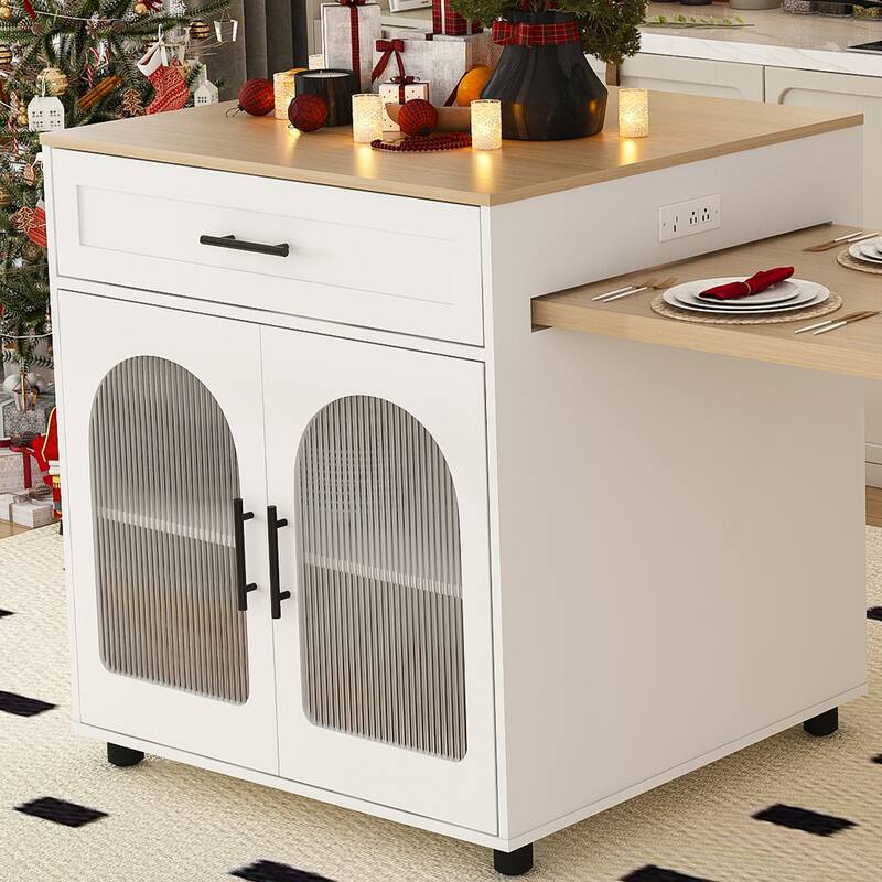 80" Expandable Kitchen Island with Dining Table with Marble-Grain Countertop with Power Outlet