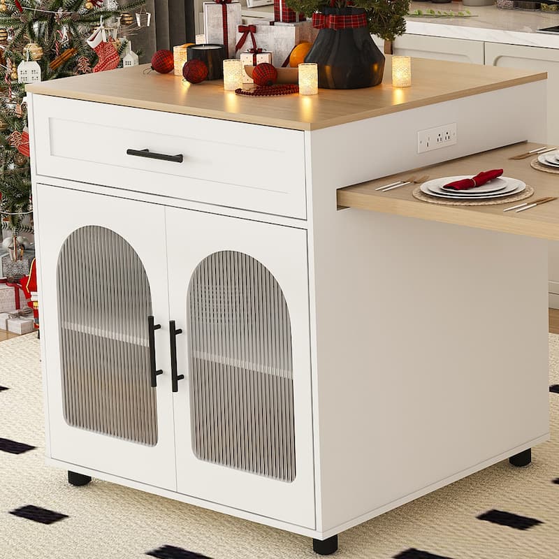 80-inch Expandable Kitchen Island with Dining Table, Marble-Grain Countertop, Mobile Storage Cart with Cabinet & 2 Drawers