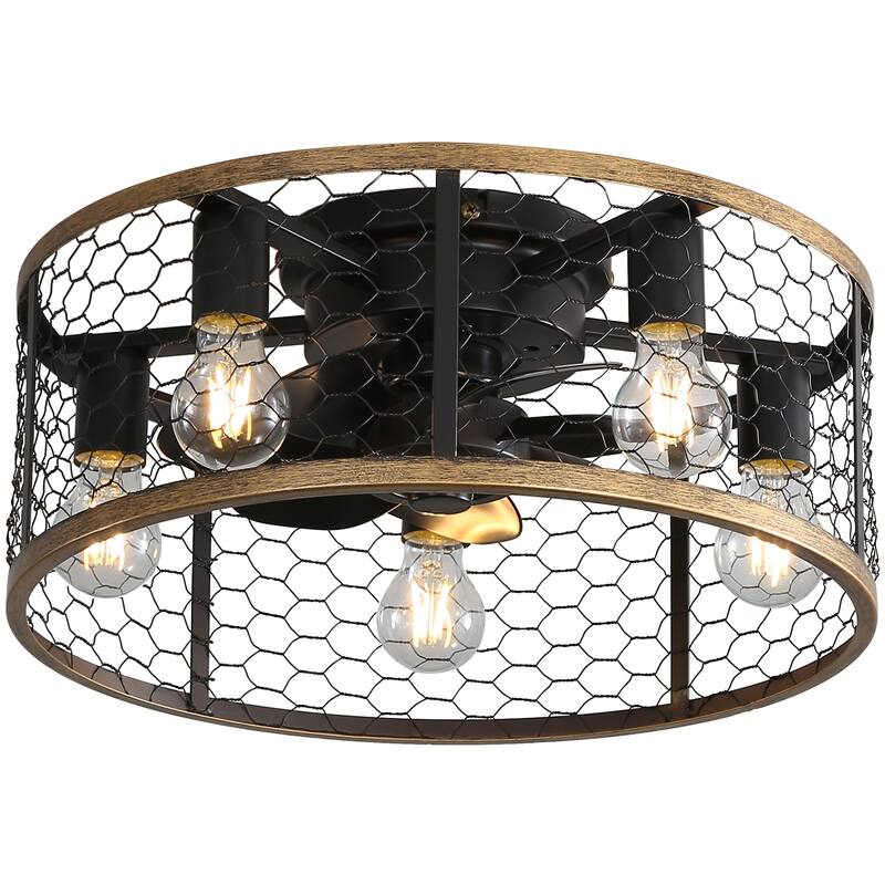 20" Industrial 5-Light Black Caged Ceiling Fan with Light Kit and Remote Control Included - 20 inch - 20 inch - Remote