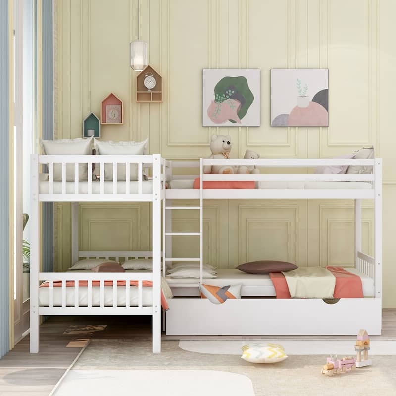 Gray Twin L-Shaped Bunk Bed with Drawers, Space-Saving Design for Kids & Guests