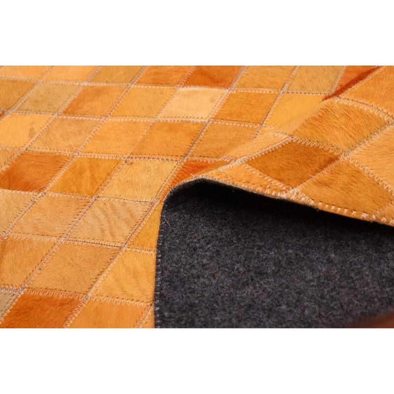 ECARPETGALLERY Handmade Cowhide Patchwork Orange Leather Rug - 7' x 7'