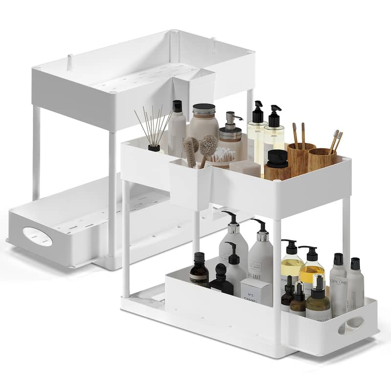 Empyrean 2 Tier Under Kitchen Sink Organizer with Sliding Drawer-Bathroom Cabinet Organizer with Utility Hooks and Side Caddy - 2 Pack - White