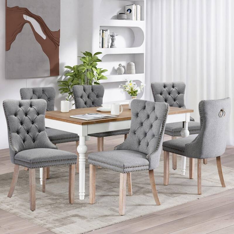 Tufted Naliheads Solid Wood Upholstered Dining Chairs Set of 6 - Grey LinenFabric