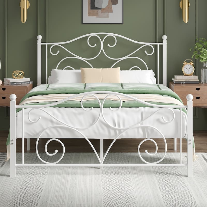 Victorian Style Metal Bed Frames with Headboard,No Box Spring Needed - White - Queen