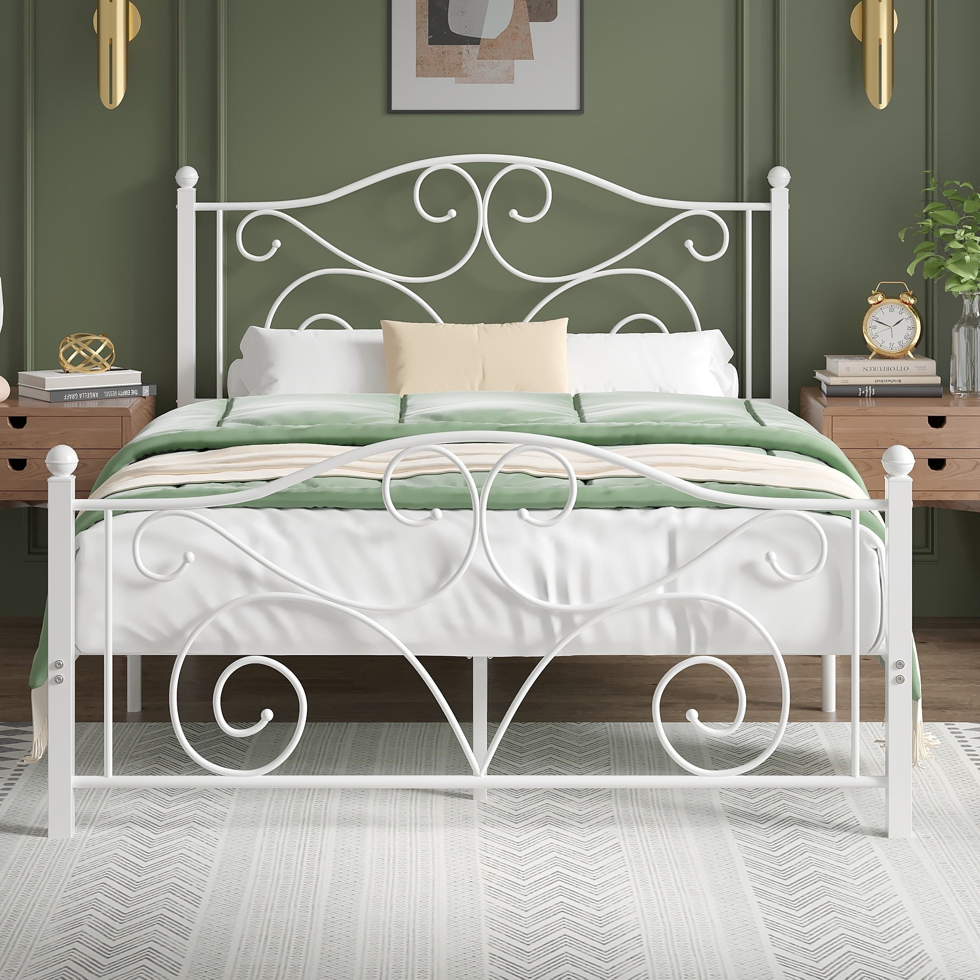 VECELO Victorian Style Metal Bed Frames with Headboard No Box Spring Needed