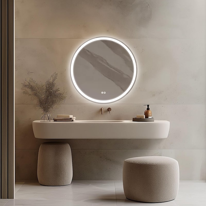 Circular LED Anti-Fog Mirror for Bathroom, Three-Color Lighting Adjustable - 24x24