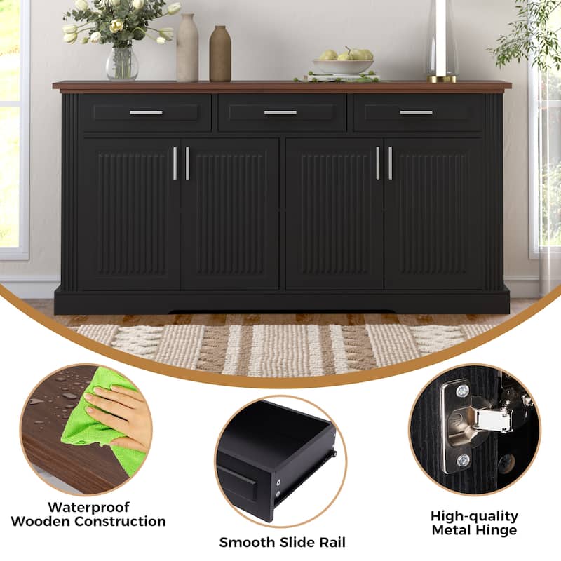 63" Fluted Sideboard Buffet Cabinet, Farmhouse Kitchen Storage Credenza with 4 Doors & 3 Drawers, Coffee Bar Console Table
