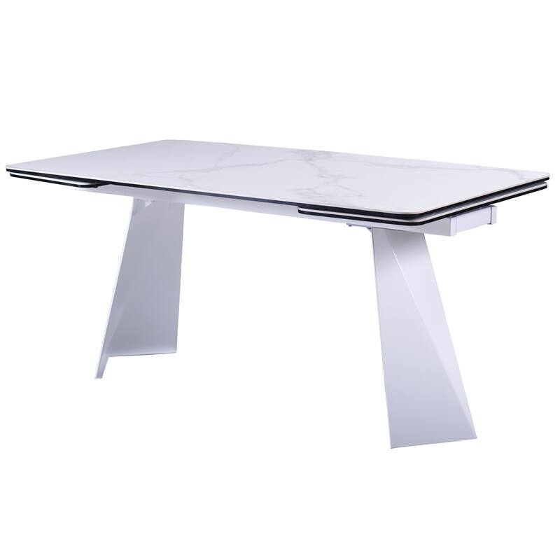 HomeRoots 63" White Ceramic and Metal Self-Storing Leaf Pedestal Base Extendable Dining Table