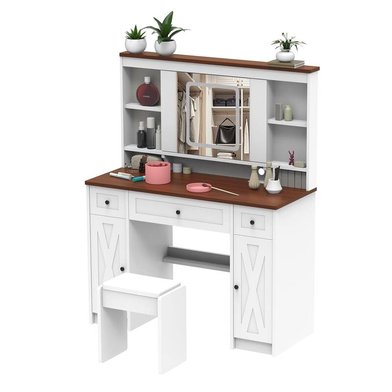 Makeup Table with Adjustable LED Lighting, Sliding Mirror, Charging Station, and Ample Storage Drawers, American Design