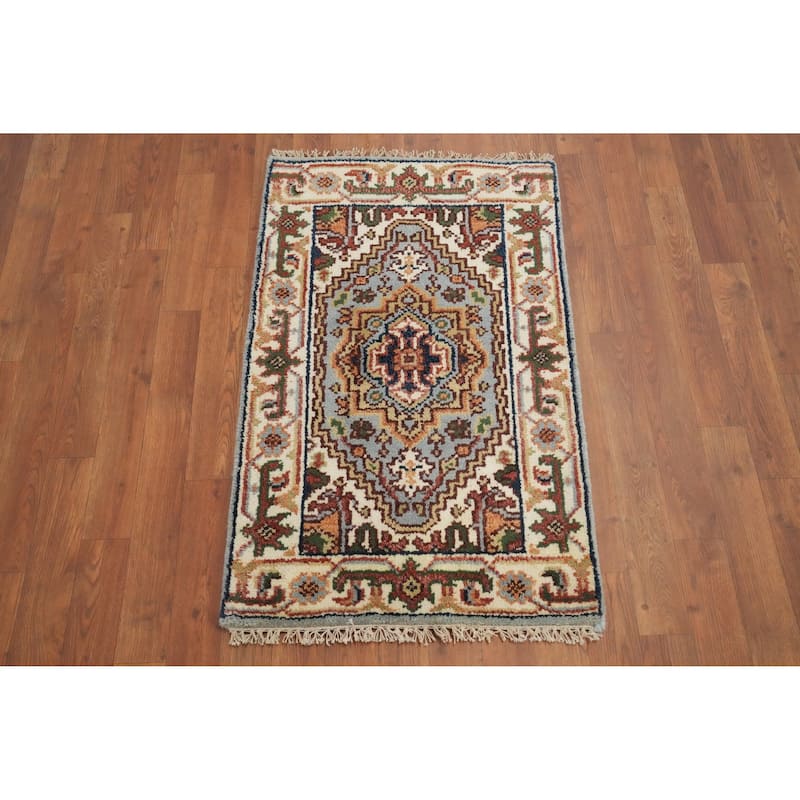 Hand Knotted Oriental 100% Wool Carpet Traditional Medallion Navy Blue & Blues Heriz (serapi) Area Rug - 3' 3'' X 2' 0''