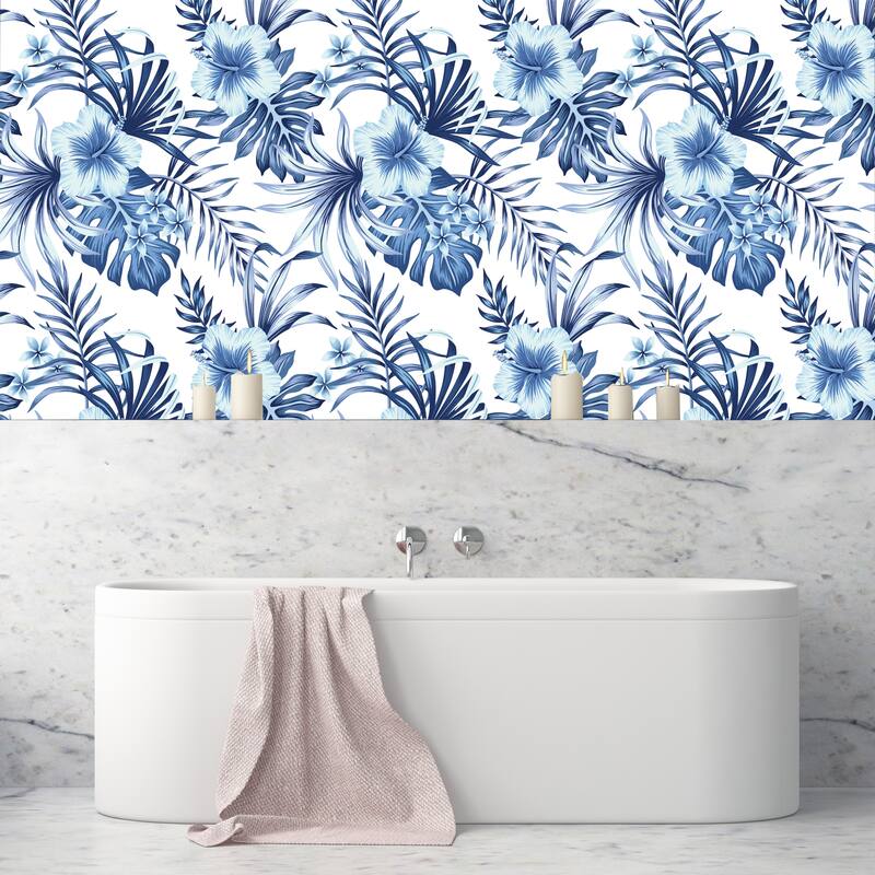 Hibiscus Plumeria Floral Blue Palm Leaves Removable Wallpaper - 24'' inch x 10'ft