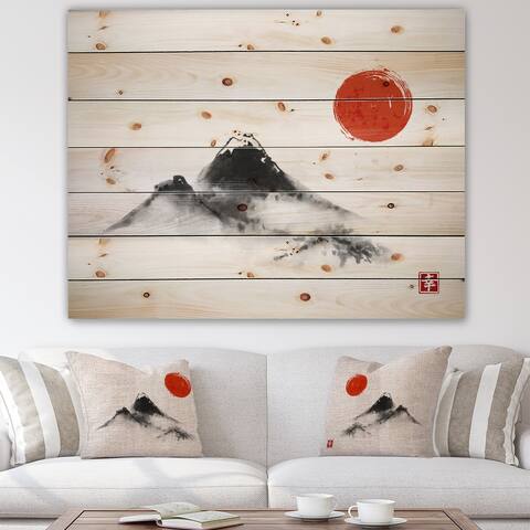 Designart 'Japanese Red Moon In Traditional Sumi-e III' Traditional Print on Natural Pine Wood