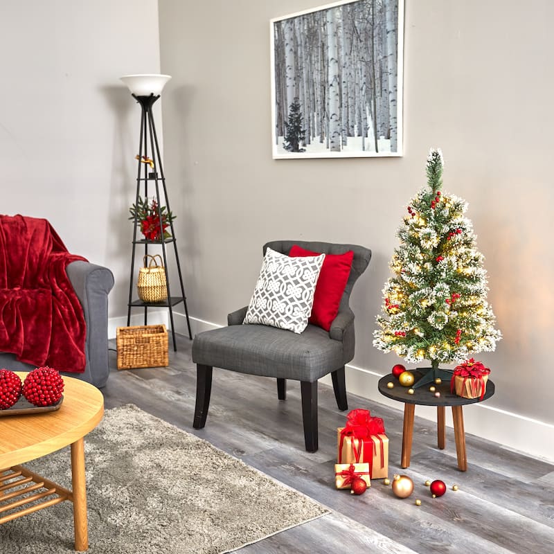 3’ Pre-Lit Medium Frosted Swiss Pine with Berries Christmas Tree, Warm Clear LED Lights - 3 Foot
