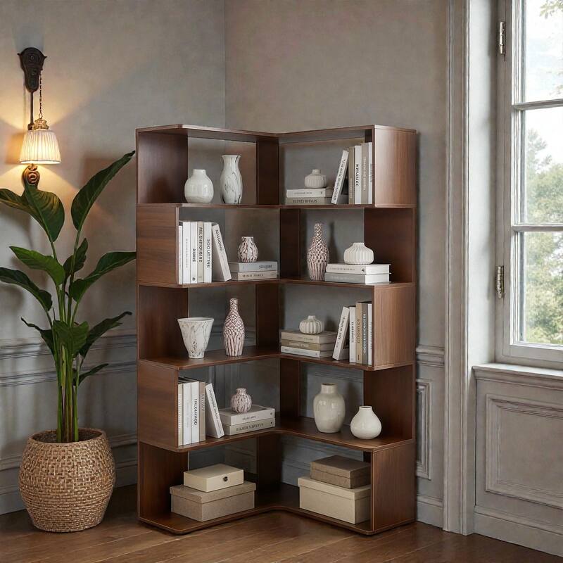 6 Tier Corner Bookshelf, 66 Inch Tall L Shaped Corner Bookcase with Baffle, Freestanding Open Shelf Unit