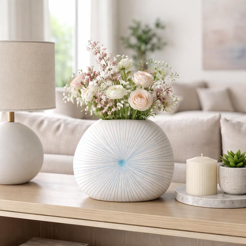 Round Shell Ceramic Vase - Stylish Dotted Pattern Flower Vase - Blue - 10.0"