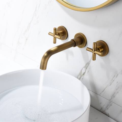 Wall Mount Bathroom Sink Faucet Double Handle Bathroom Faucet Copper Three Hole Bathroom Basin Vanity Faucet