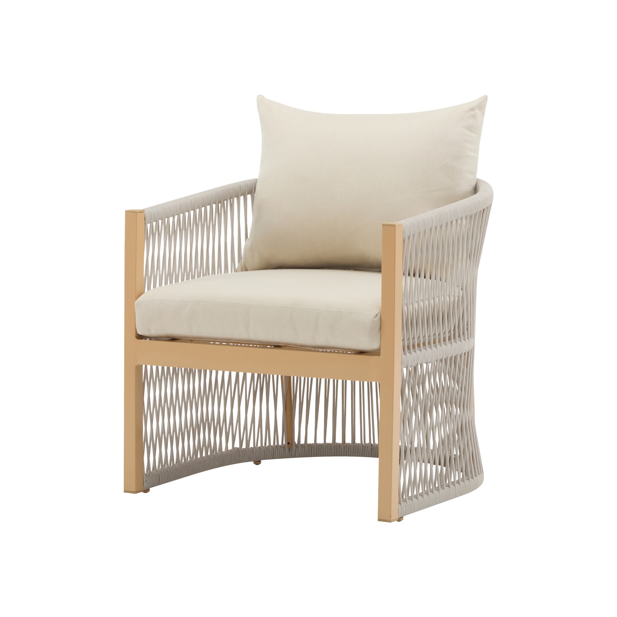 Roomfitters Modern Beige Curved Aluminum Lounge Chair, Rope-Weave Patio Armchair, Waterproof Cushions, Outdoor Seat