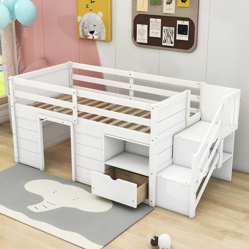 Solid Wood Low Loft Bed With Drawer and Stair,Twin Szie