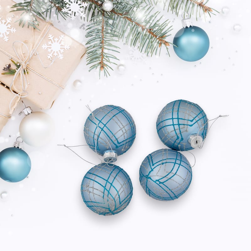 4ct Blue Silver Plaid Glitter Glass Christmas Ornament Set 2.75"