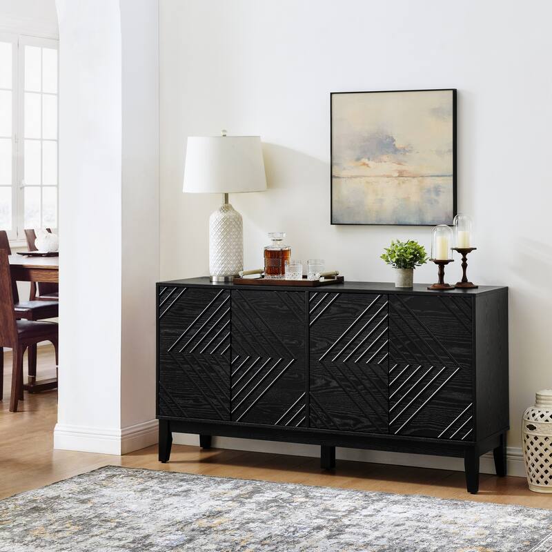 Farmhouse Fluted Buffet Cabinet with Concealed Handle Cabinet Doors for Living Room, Kitchen and Dining Room, Black