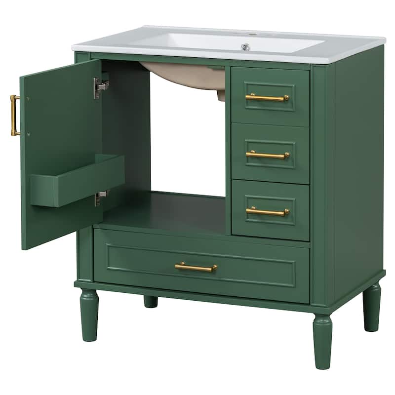 GDFStudio - Asa Wood & Ceramic 30" Bathroom Vanity with Sink, Soft-Close Door & Multiple Drawers